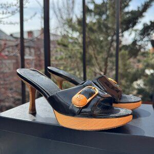 CHANEL Sandals Mules Heeled Shoes Platform Black Buckle CC Logo Box EUR 36.5